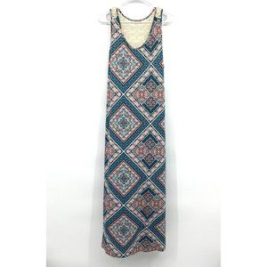 Cato Maxi Dress Blue Beige Crochet Sleeveless Lined Slit Scoopneck
